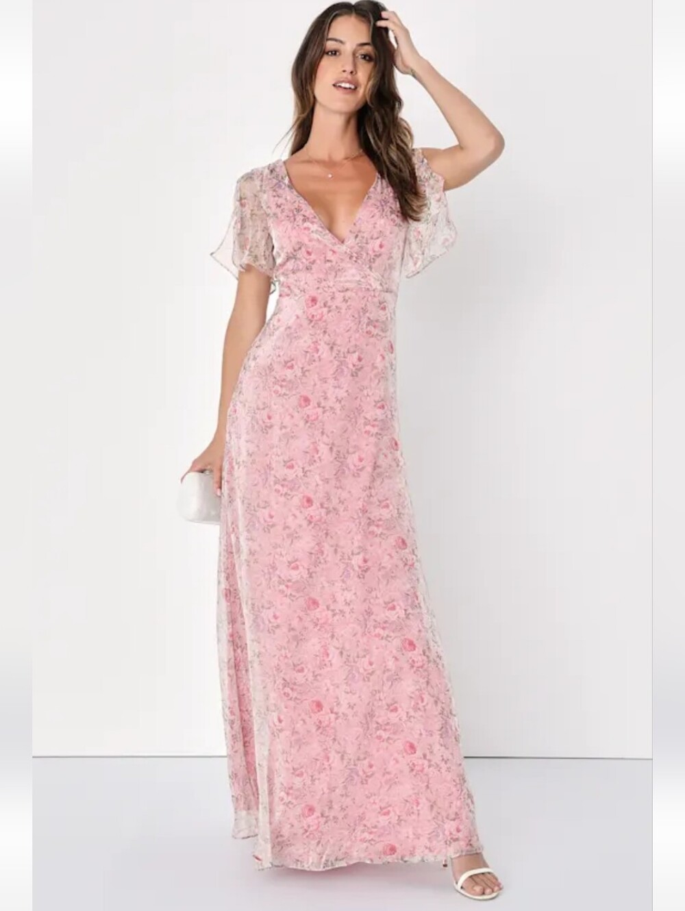 Lulu's Dreamiest Desires Floral Pink V-Neck Flutter Sleeve Maxi Dress